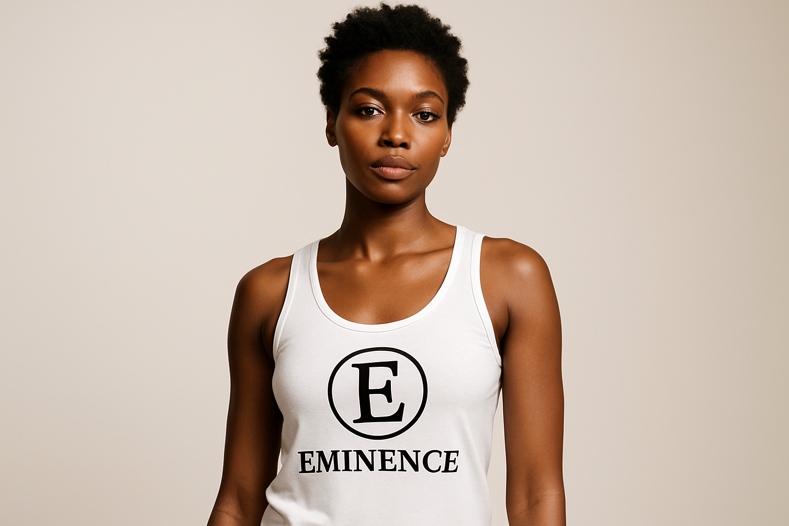 black lady wearing a white tank top with a Eminence E