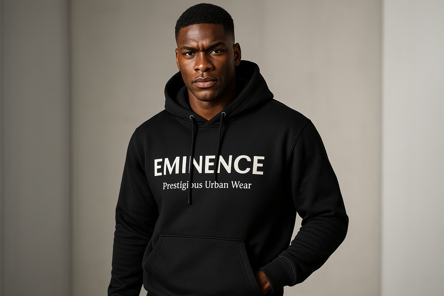 black male model wearing  hoodie with Eminence in the middle of hoodie with Prestigious Urban Wear under Eminence