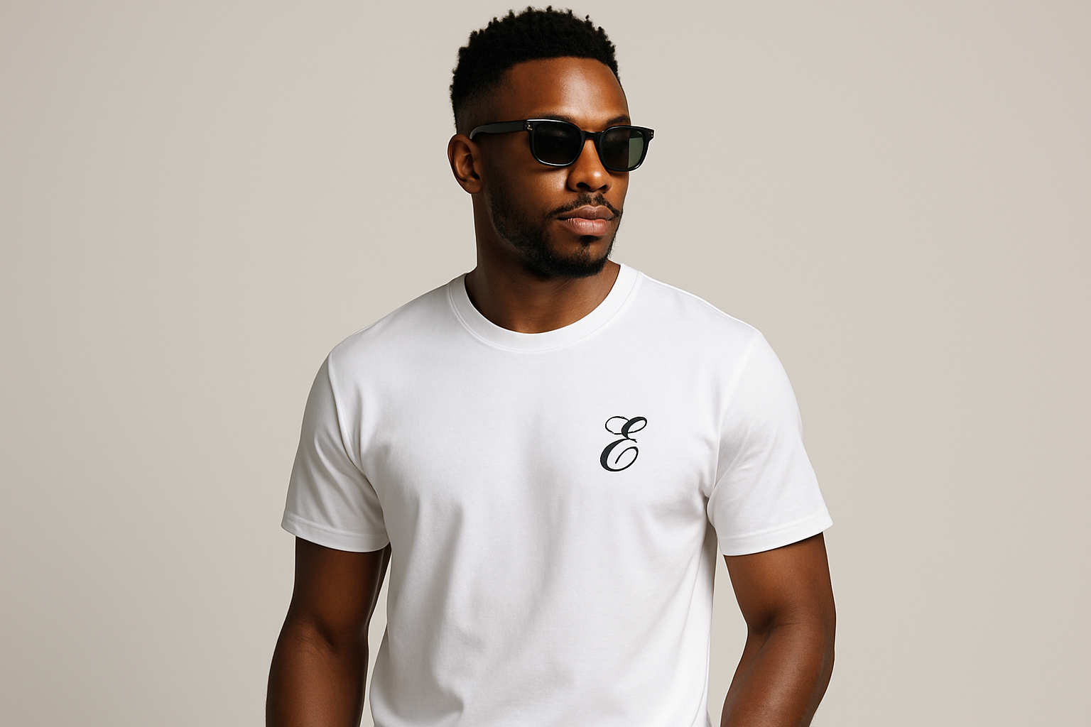black man in a white t shirt with a black incursive E on the upper left chest as a logo