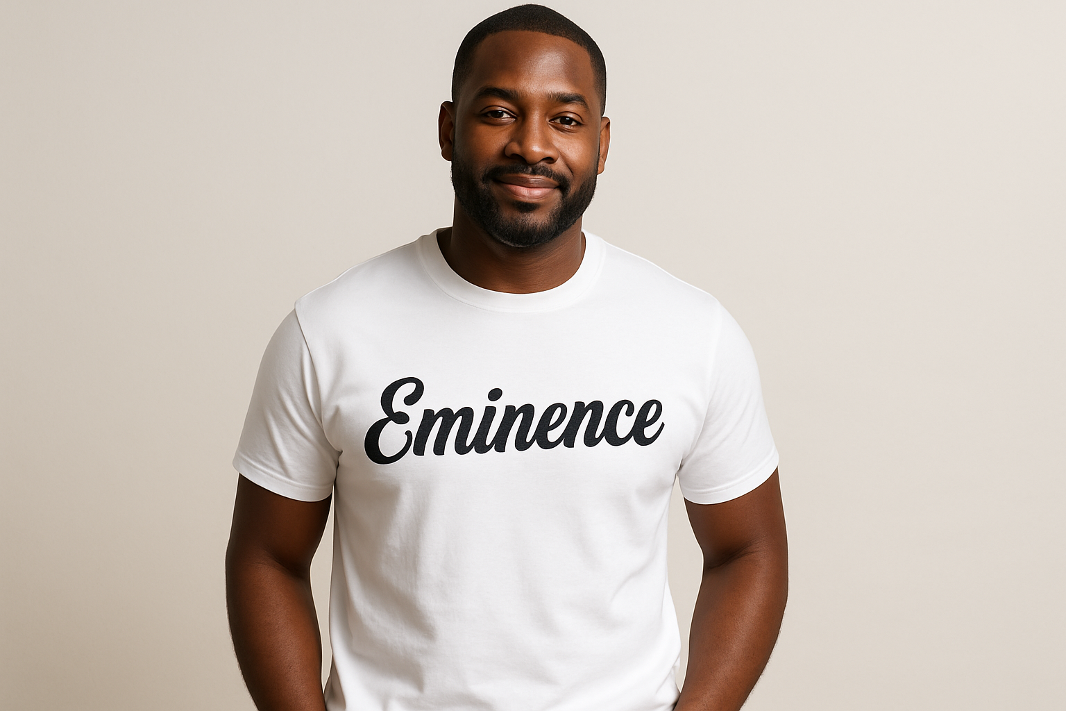 black man wearing a white t shirt with the word Eminence on it